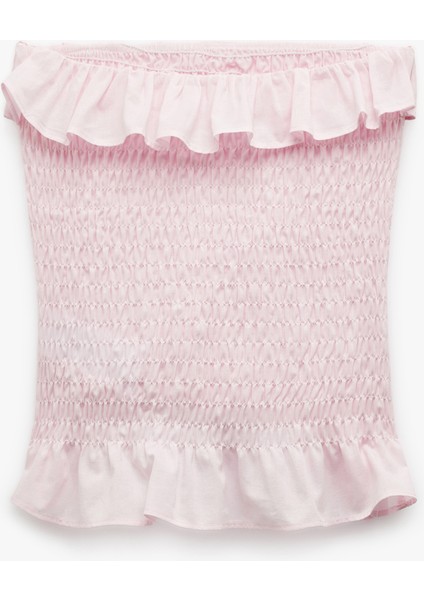 Pamuklu Fırfırlı Gipeli Straplez Yaka Kolsuz Crop Bluz fiyatları