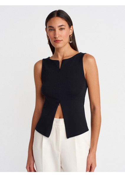 31764 Fermuar Detaylı Top-Siyah
