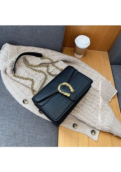 Zincir Crossbody Çanta Kadın Çift Bölmeli Küçük Kare Çanta Omuz Çantası Banliyö Çevirme Çantası (Yurt Dışından)