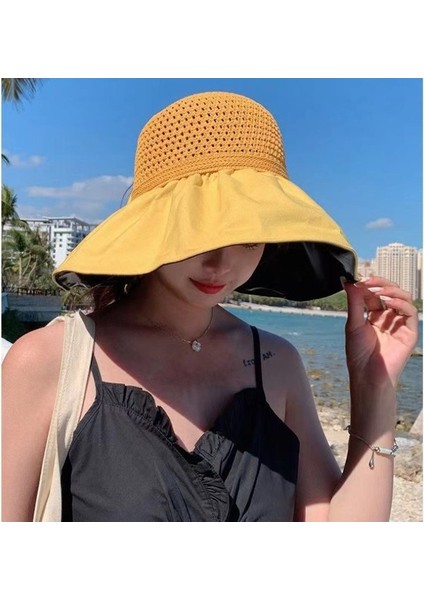 Siyah Tutkal Boş Üst Güneş Şapkası Bayanlar Kapak Yüz Büyük Kenarlı Şapka (Yurt Dışından) modelleri