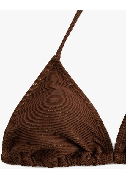 Parıltılı Astarlı Hafif Destekli Boyundan Bağlamalı Üçgen Bikini Üstü