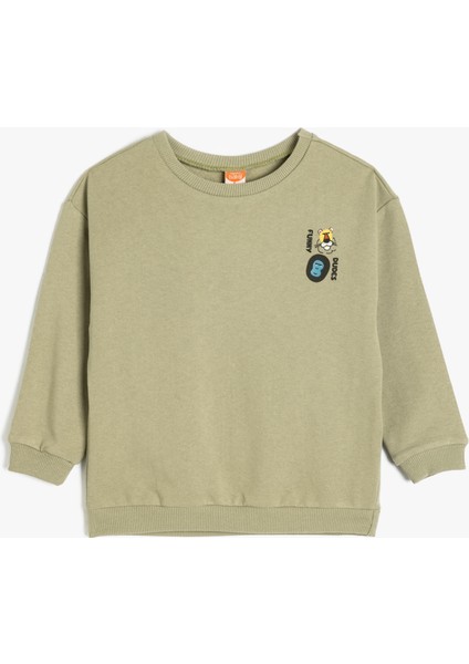 Ayıcık Baskılı Uzun Kollu Bisiklet Yaka Pamuklu Şardonlu Sweatshirt