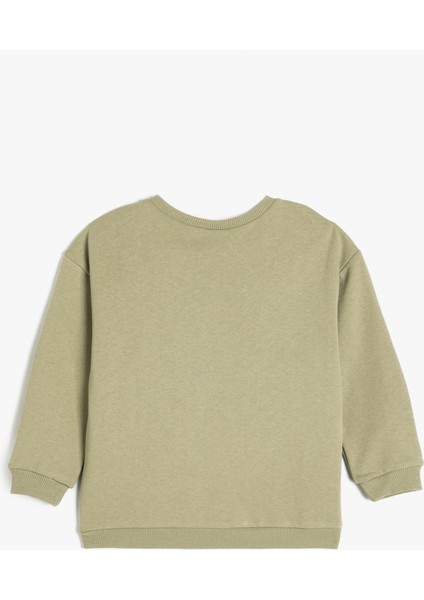 Ayıcık Baskılı Uzun Kollu Bisiklet Yaka Pamuklu Şardonlu Sweatshirt