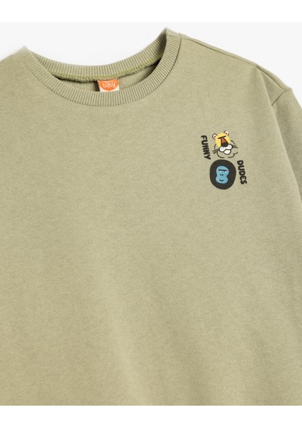 Ayıcık Baskılı Uzun Kollu Bisiklet Yaka Pamuklu Şardonlu Sweatshirt