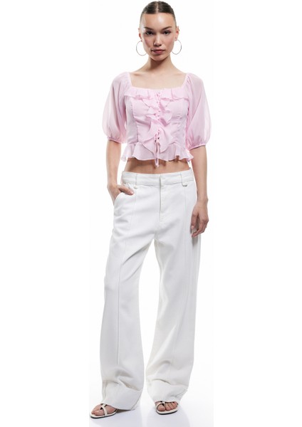 Fırfırlı Bağcık Detaylı Kare Yaka Crop Balon Kol Şifon Gömlek fiyatları