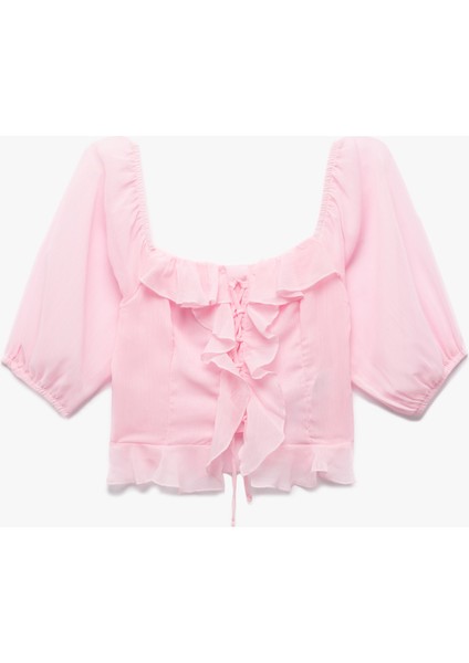 Fırfırlı Bağcık Detaylı Kare Yaka Crop Balon Kol Şifon Gömlek modelleri