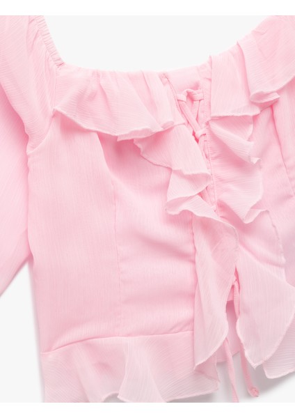 Fırfırlı Bağcık Detaylı Kare Yaka Crop Balon Kol Şifon Gömlek indirimleri