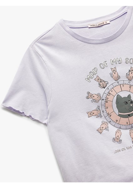 Pamuklu Kısa Kollu U Yaka Kedi Baskılı Şortlu Pijama Takımı