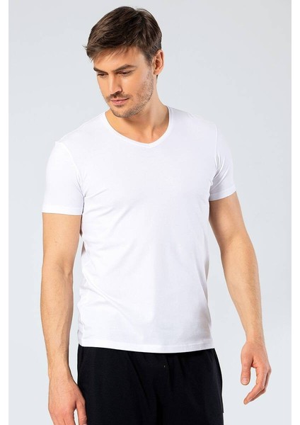 Erkek V Yaka Likralı T-shirt Beyaz