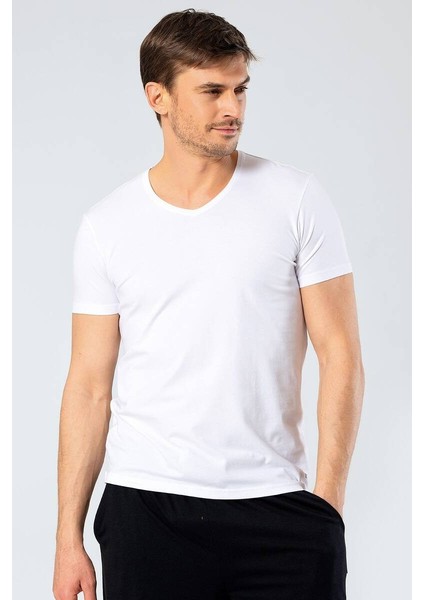Erkek V Yaka Likralı T-shirt Beyaz fiyatları