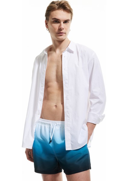 Oversize Desenli Cepli Beli Bağcıklı Deniz Şortu