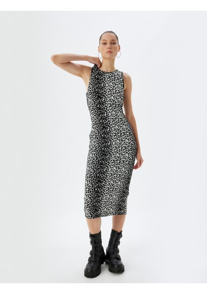 Halter Yaka Elbise Midi Leopar Desenli Kolsuz Slim Fit