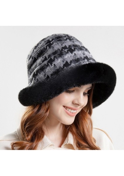 Kadın Kış Peluş Kova Şapka - Siyah/gri (Yurt Dışından)