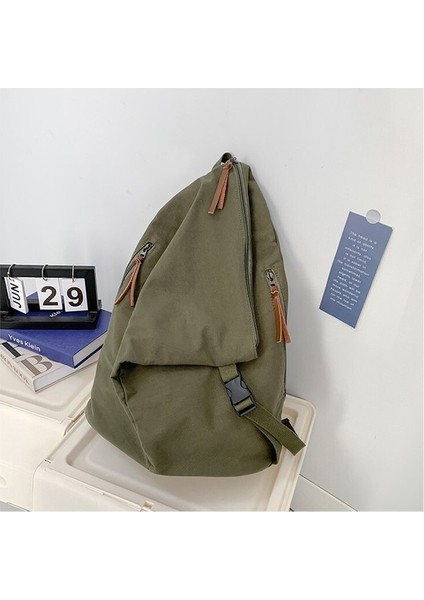 Sırt Çantası Erkek Yıkanmış Tuval Japon ve Kore Niş Sırt Çantası Düz Renk Retro Üst Seviye Çift Tarzı Katlanır Sırt Çantası (Yurt Dışından)