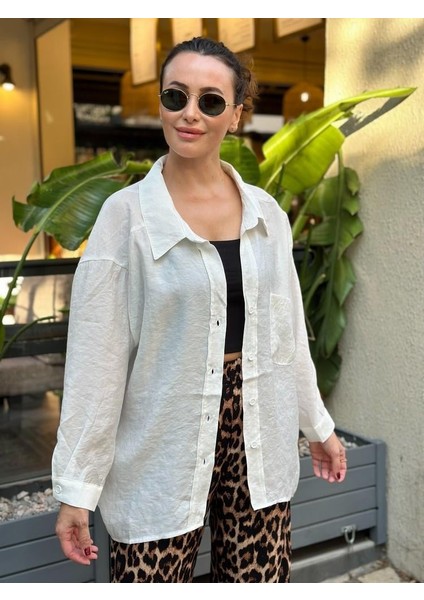 Omuz Düşük Oversize Floş Keten Gömlek