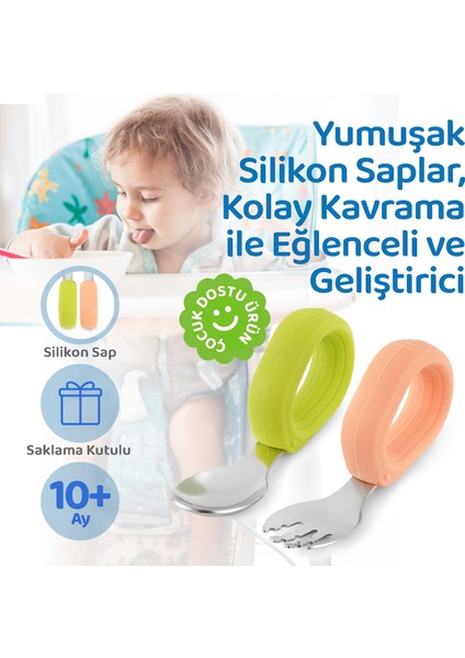 Bebek Çatal Kaşık Seti, Paslanmaz Çelik, Silikon Saplı, Pudra Yeşil