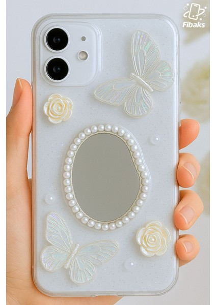 Apple iPhone 16 Plus Kılıf 3D Kelebek Gül Desenli Aynalı Simli Şeffaf Tasarımlı Silikon Kapak