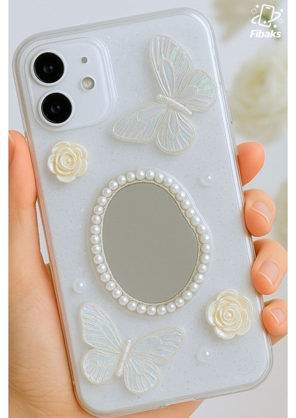 Apple iPhone 16 Plus Kılıf 3D Kelebek Gül Desenli Aynalı Simli Şeffaf Tasarımlı Silikon Kapak