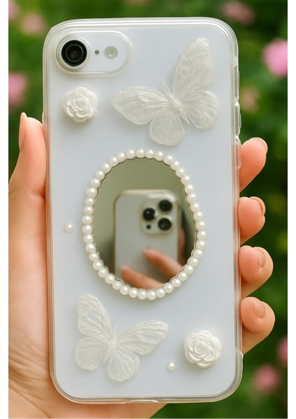 Apple iPhone 16E Kılıf 3D Kelebek Gül Desenli Aynalı Simli Şeffaf Tasarımlı Silikon Kapak