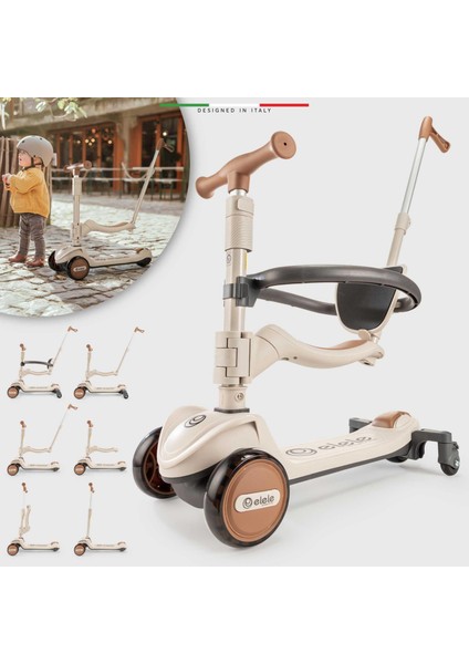 Potenza 4in1 Ebeveyn Kontrollü 5 Tekerlekli Çocuk Scooter Işıklı Oturaklı Kahverengi