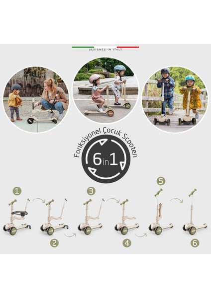 Potenza 4in1 Ebeveyn Kontrollü 5 Tekerlekli Çocuk Scooter Işıklı Oturaklı Yeşil