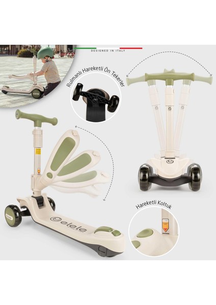 Potenza 4in1 Ebeveyn Kontrollü 5 Tekerlekli Çocuk Scooter Işıklı Oturaklı Yeşil