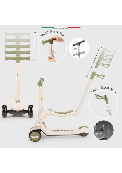 Potenza 4in1 Ebeveyn Kontrollü 5 Tekerlekli Çocuk Scooter Işıklı Oturaklı Yeşil