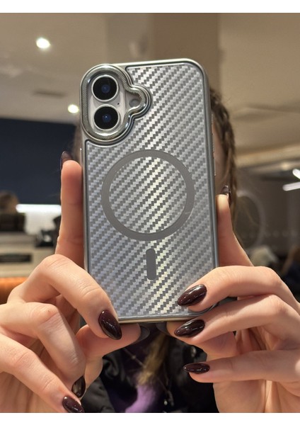 iPhone 16 Plus Uyumlu Titanyum Gri Karbon Fiber Magsafe Özellikli Kılıf modelleri
