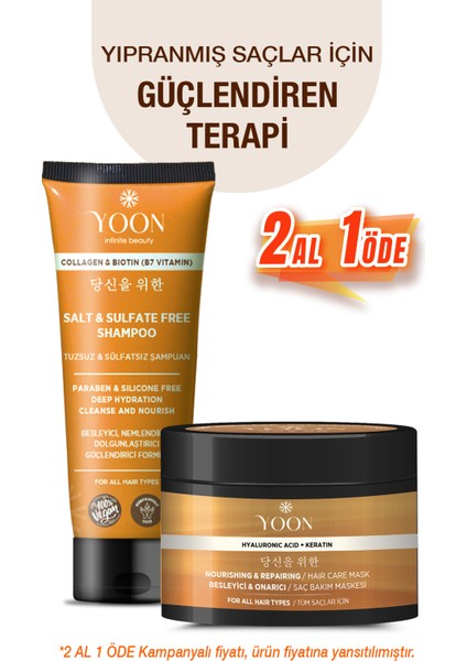 Vegan Tuzsuz Şampuan & Saç Bakım Maskesi 250ML, Hyaluronik Asit, Keratin, Kolajen ve Biotin 2'li Set