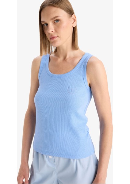 Regular Fit Yuvarlak Yaka Kolsuz Ribana Pijama Üstü-Fall in Love F0110AX25SM