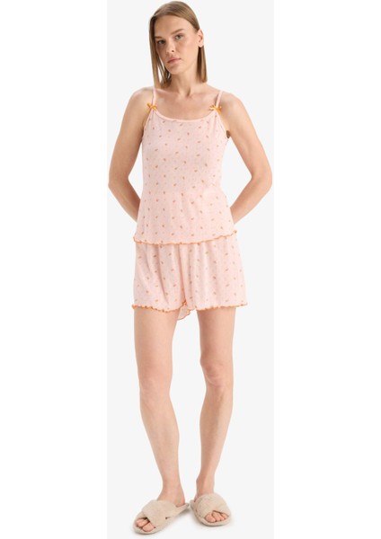 Regular Fit Pijama Takımı Desenli Askılı Pijama Üstü Esnek Belli Şort Pijama Altı-Fall in Love F5774AX25SM