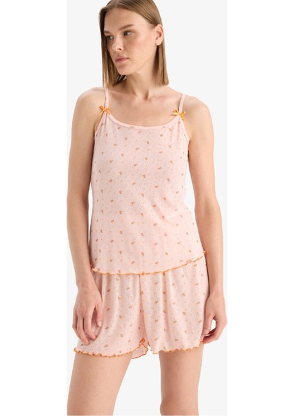 Regular Fit Pijama Takımı Desenli Askılı Pijama Üstü Esnek Belli Şort Pijama Altı-Fall in Love F5774AX25SM