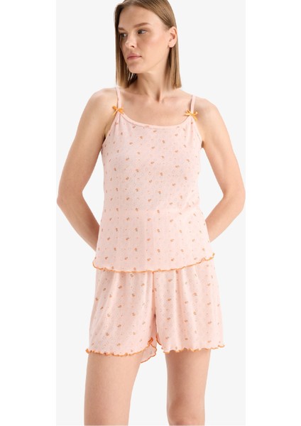 Regular Fit Pijama Takımı Desenli Askılı Pijama Üstü Esnek Belli Şort Pijama Altı-Fall in Love F5774AX25SM