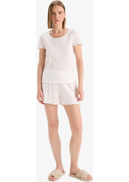 Regular Fit Pijama Takımı Kısa Kollu pijama Üstü Esnek Belli Şort Pijama Altı-Fall in Love E4335AX25SP