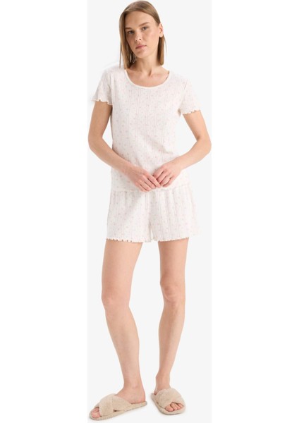 Regular Fit Pijama Takımı Kısa Kollu pijama Üstü Esnek Belli Şort Pijama Altı-Fall in Love E4335AX25SP