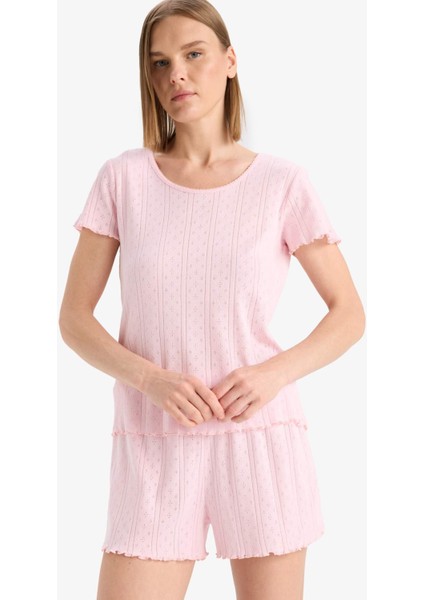 Regular Fit Pijama Takımı Kısa Kollu pijama Üstü Esnek Belli Şort Pijama Altı-Fall in Love E4335AX25SP