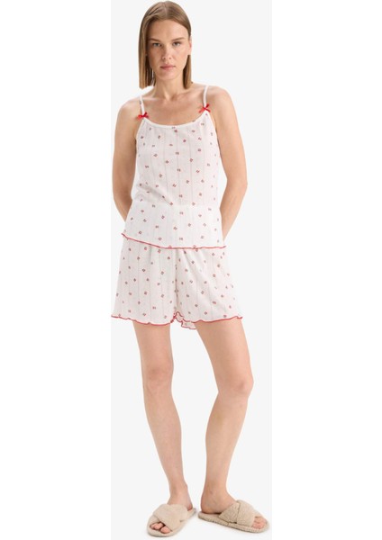 Regular Fit Pijama Takımı Desenli Askılı Üst Esnek Belli Şort-Fall in Love F5774AX25SM
