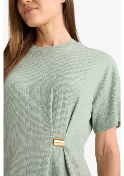 Regular Fit Bisiklet Yaka Basic Düz Bürümcük Kısa Kollu Midi Elbise E7330AX25SM