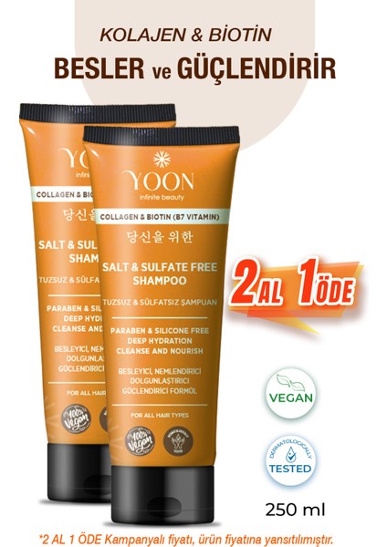 2'li Sülfatsız ve Tuzsuz Şampuan, Kolajen, Biotin B7, Içerikli Parabensiz Vegan Şampuan 2 Adet x 250ML