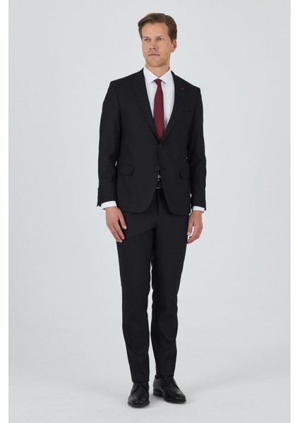 Siyah Kırlangıç Yaka Astarlı Çift Yırtmaç Esnek 6 Drop Slim Fit Classic Takım Elbise 1001250162