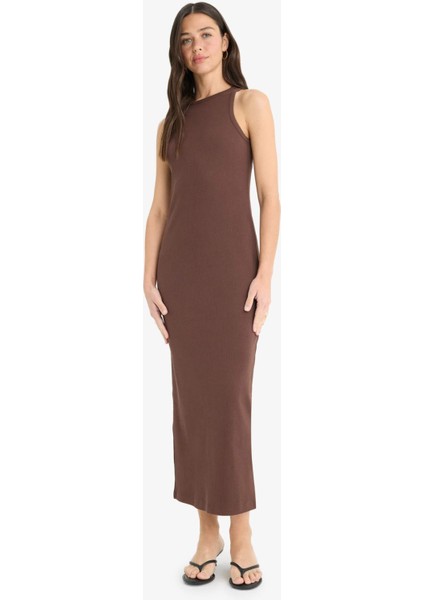 Bodycon Vücudu Saran Halter Yaka Fitilli Kaşkorse Kolsuz Maxi Elbise A4828AX25SM