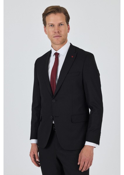 Siyah Kırlangıç Yaka Astarlı Çift Yırtmaç Esnek 6 Drop Slim Fit Classic Takım Elbise 1001250162