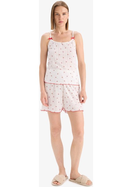 Regular Fit Pijama Takımı Desenli Askılı Üst Esnek Belli Şort-Fall in Love F5774AX25SM