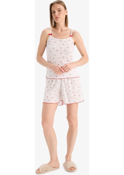 Regular Fit Pijama Takımı Desenli Askılı Üst Esnek Belli Şort-Fall in Love F5774AX25SM