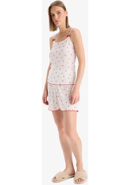 Regular Fit Pijama Takımı Desenli Askılı Üst Esnek Belli Şort-Fall in Love F5774AX25SM