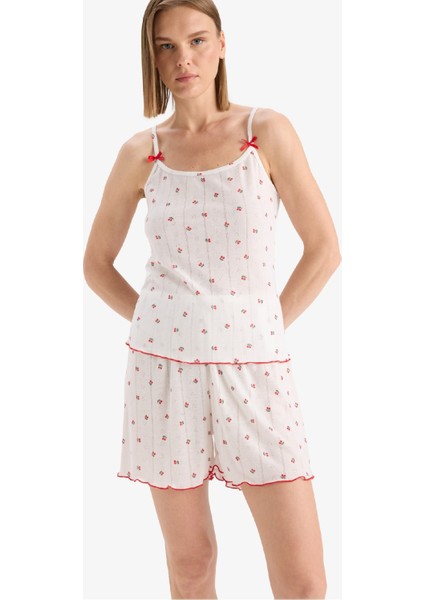 Regular Fit Pijama Takımı Desenli Askılı Üst Esnek Belli Şort-Fall in Love F5774AX25SM