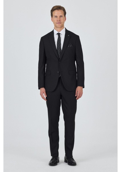 Siyah Mono Yaka Astarlı Çift Yırtmaç Esnek 6 Drop Comfort Fit Classic Takım Elbise 1001250163