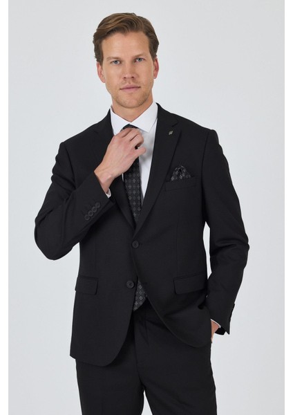 Siyah Mono Yaka Astarlı Çift Yırtmaç Esnek 6 Drop Comfort Fit Classic Takım Elbise 1001250163