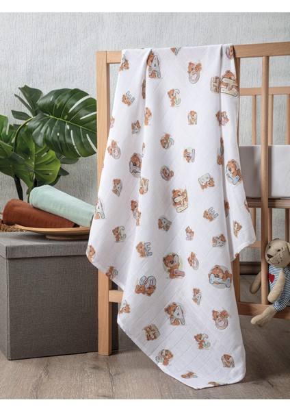%100 Organik Pamuk Doğal Müslin Bebek Örtüsü 3'lü Set Sevimli Ayıcık Baskı, Kahverengi, Su Yeşili 75X75 cm Hassas Ciltlere Özel