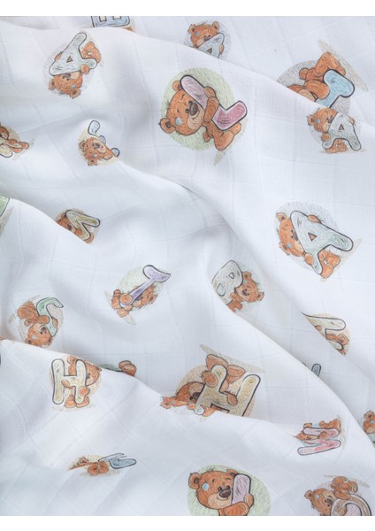 %100 Organik Pamuk Doğal Müslin Bebek Örtüsü 3'lü Set Sevimli Ayıcık Baskı, Kahverengi, Su Yeşili 75X75 cm Hassas Ciltlere Özel